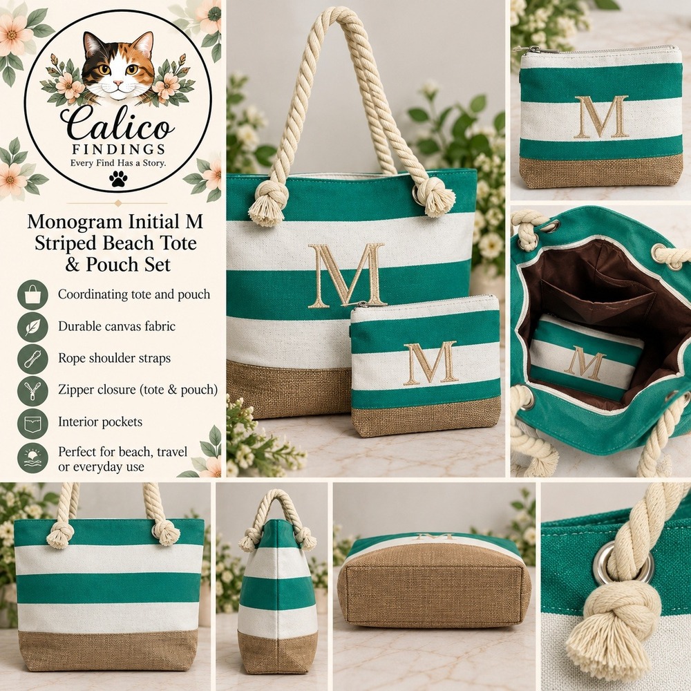 Monogram Initial M Striped Beach Tote Bag & Pouch Set Teal Green White Canvas